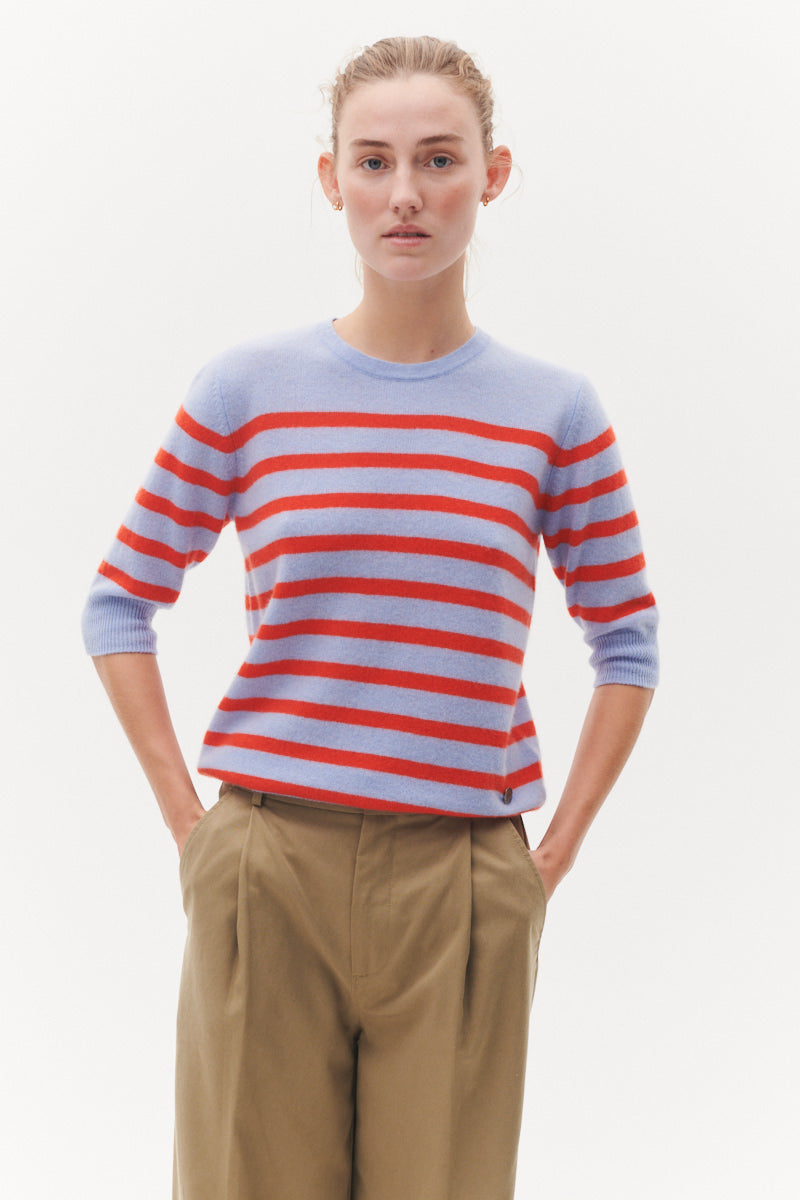 Beta Studios Bianca Striped Lady Sleeve Cashmere Tops Cerulean Blue/Fresh Zest Orange