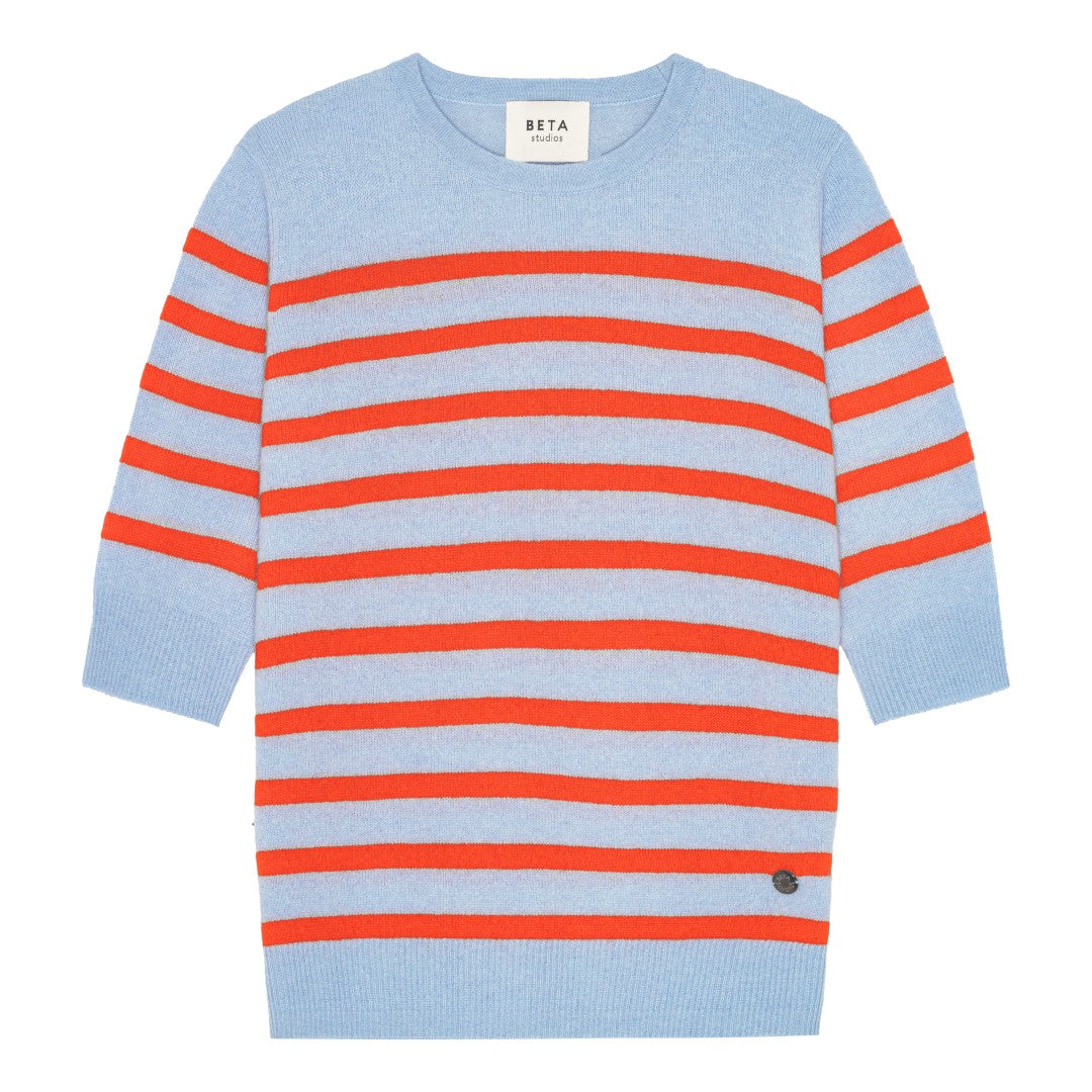 Beta Studios Bianca Striped Lady Sleeve Cashmere Tops Cerulean Blue/Fresh Zest Orange