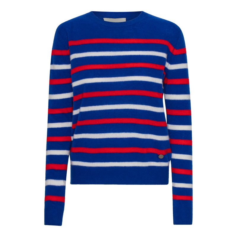 Beta Studios Bibi striped O-neck Cashmere Tops Azure Blue/Almost White/Red