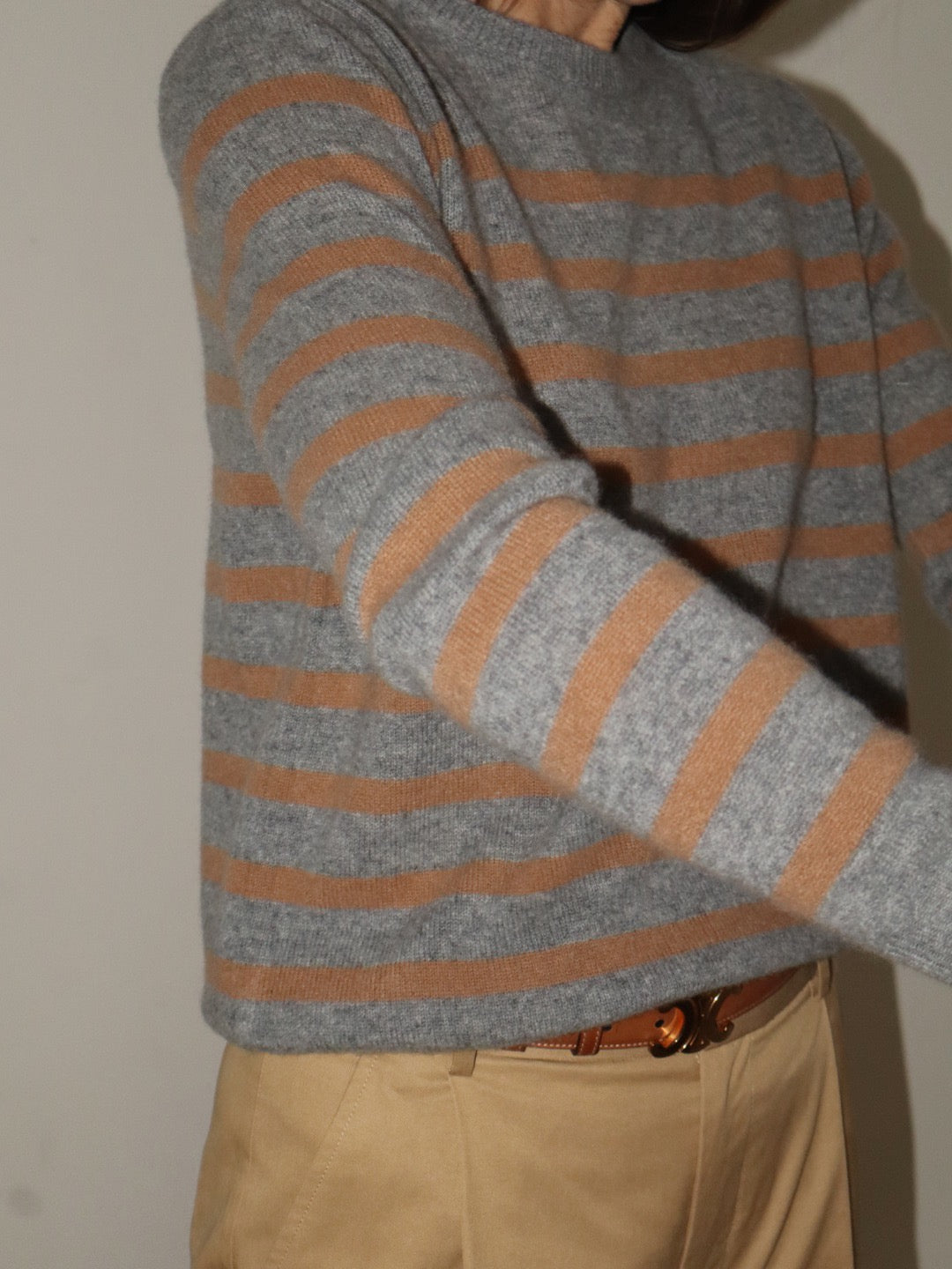 Beta Studios Bibi striped O-neck Cashmere Tops Grey Melange/Camel