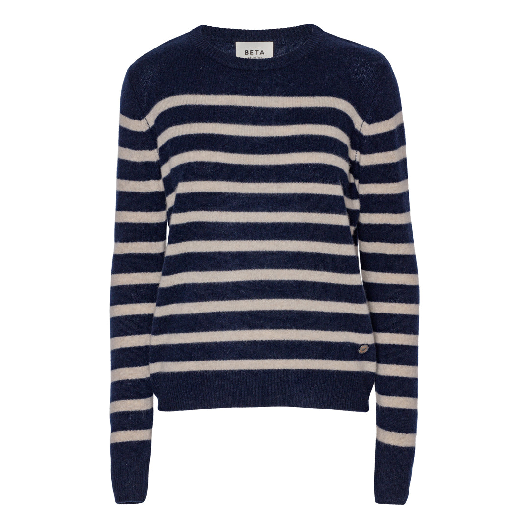 Beta Studios Bibi striped O-neck Cashmere Tops Navy/Sand Melange