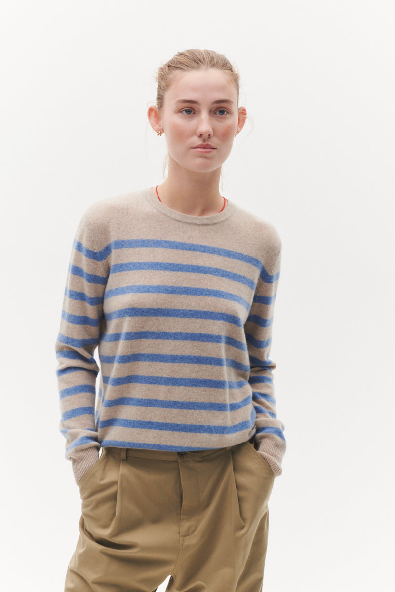 Beta Studios Bibi striped O-neck Cashmere Tops Sand Melange/Turtle Dove Blue