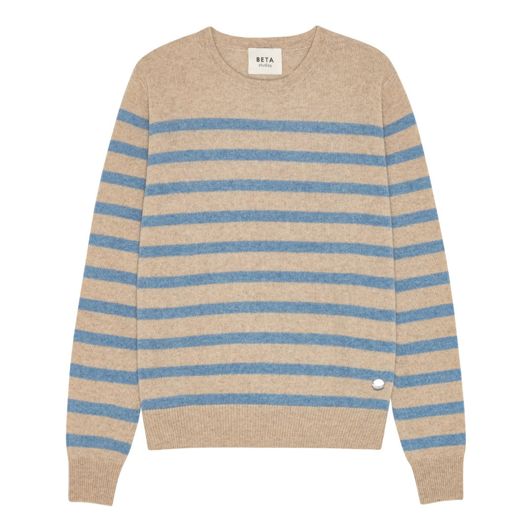 Beta Studios Bibi striped O-neck Cashmere Tops Sand Melange/Turtle Dove Blue