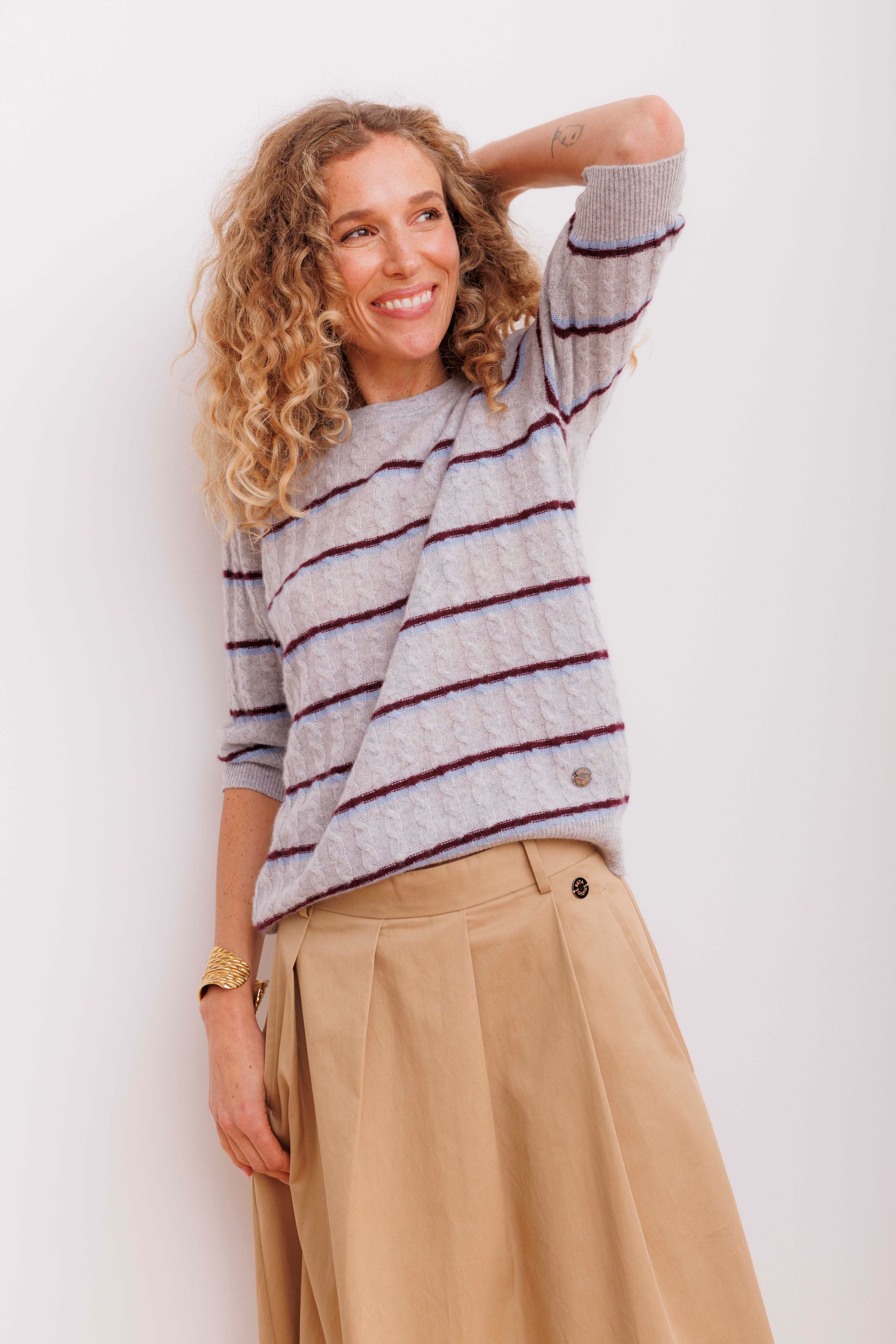 Beta Studios Kaya Stripe Lady Sleeve Cashmere Tops Light Grey Melange/Powder Blue/Eggplant