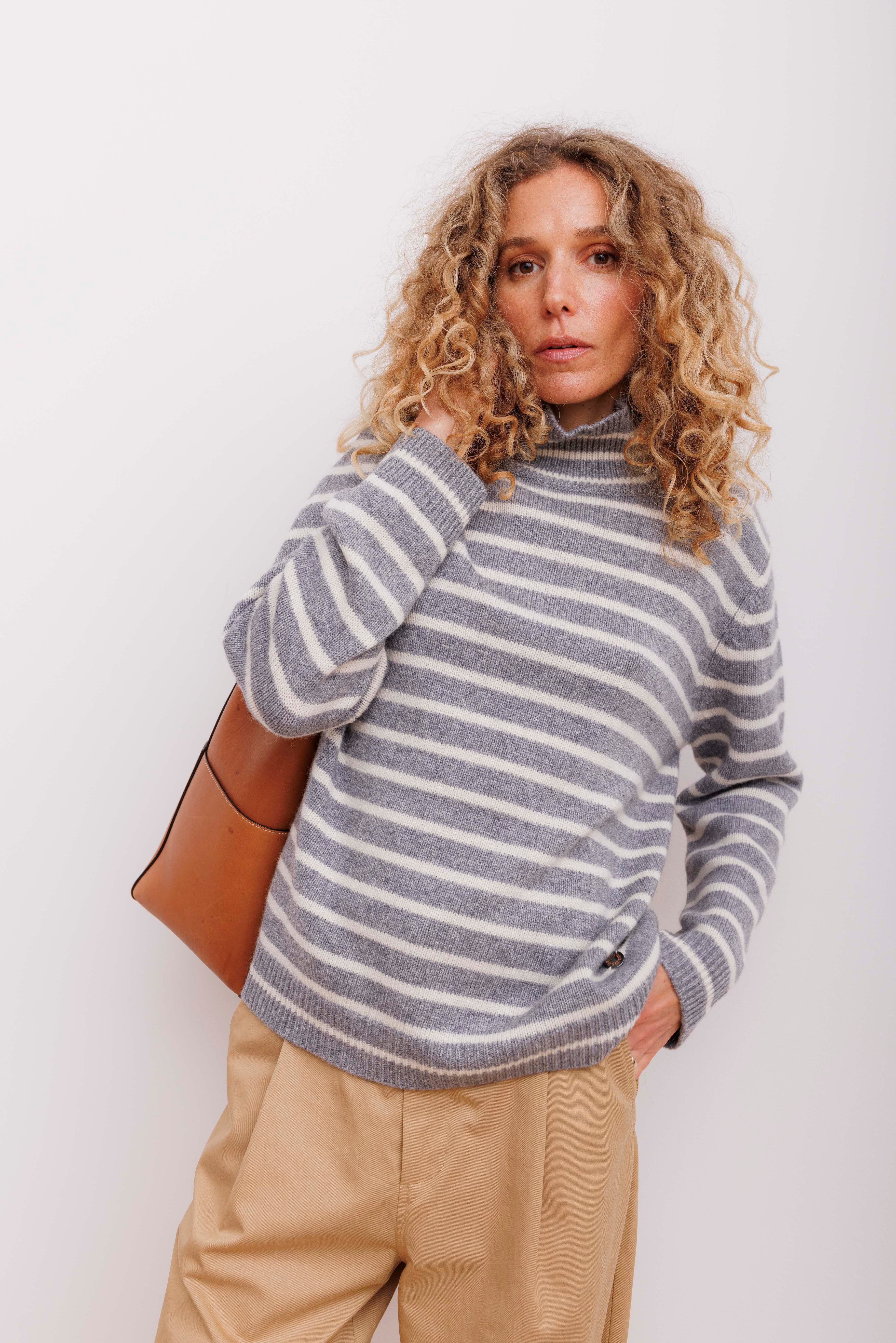 Beta Studios Kylie Stripes High Neck Uld/Cashmere Tops Grey Melange/Almost White