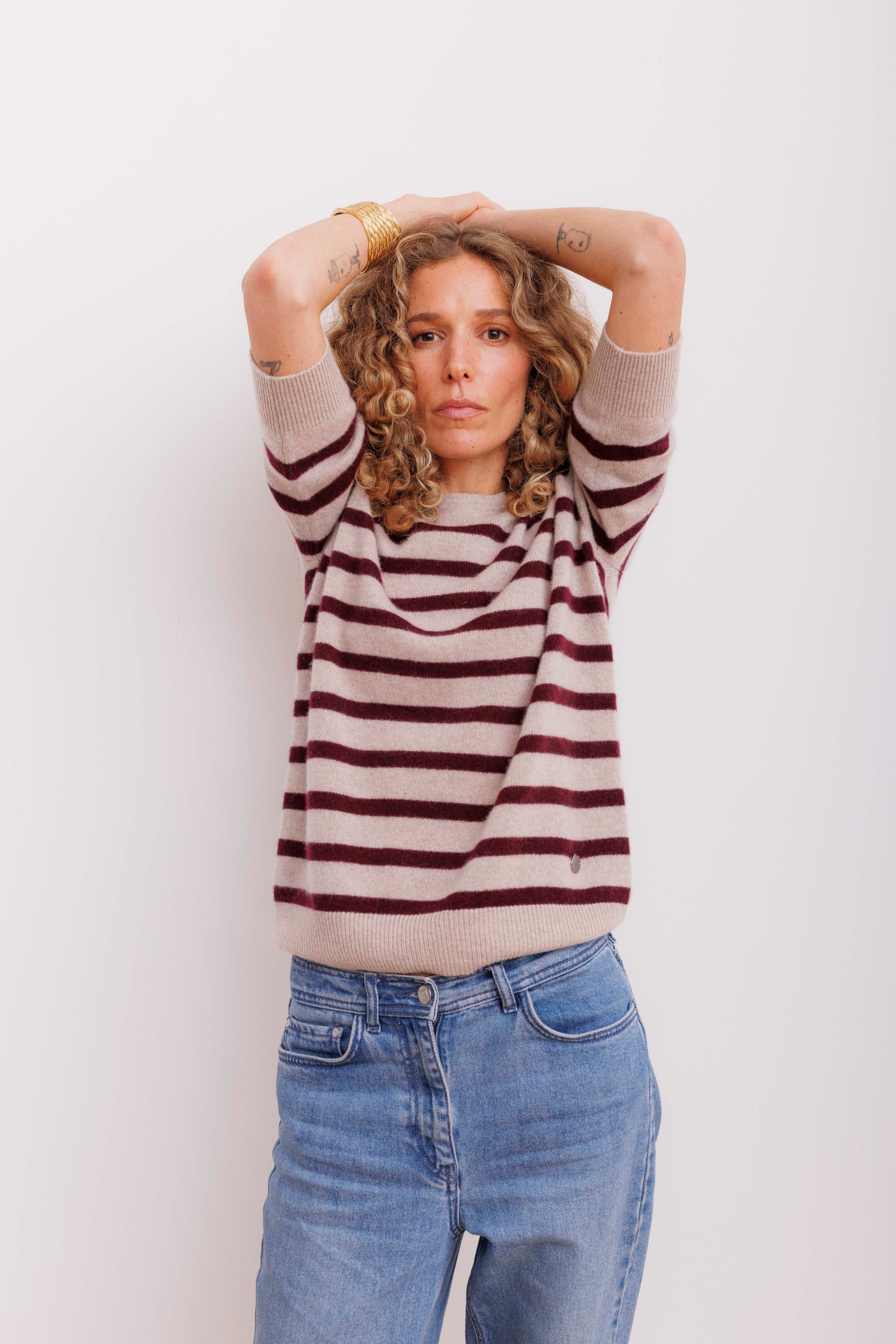 Beta Studios Bianca Striped Lady Sleeve Cashmere Tops Sand Melange/ Egg Plant