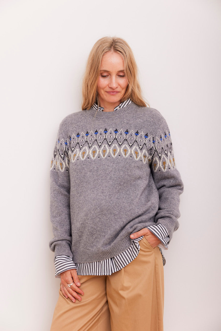 Beta Studios Leandra O-Neck Intarsia Uld/Cashmere Tops Grey Melange