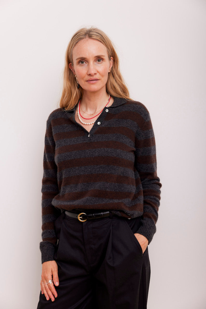 Beta Studios Lizzie Polo Stripes Cashmere Tops Anthracite Grey/Coffee Brown