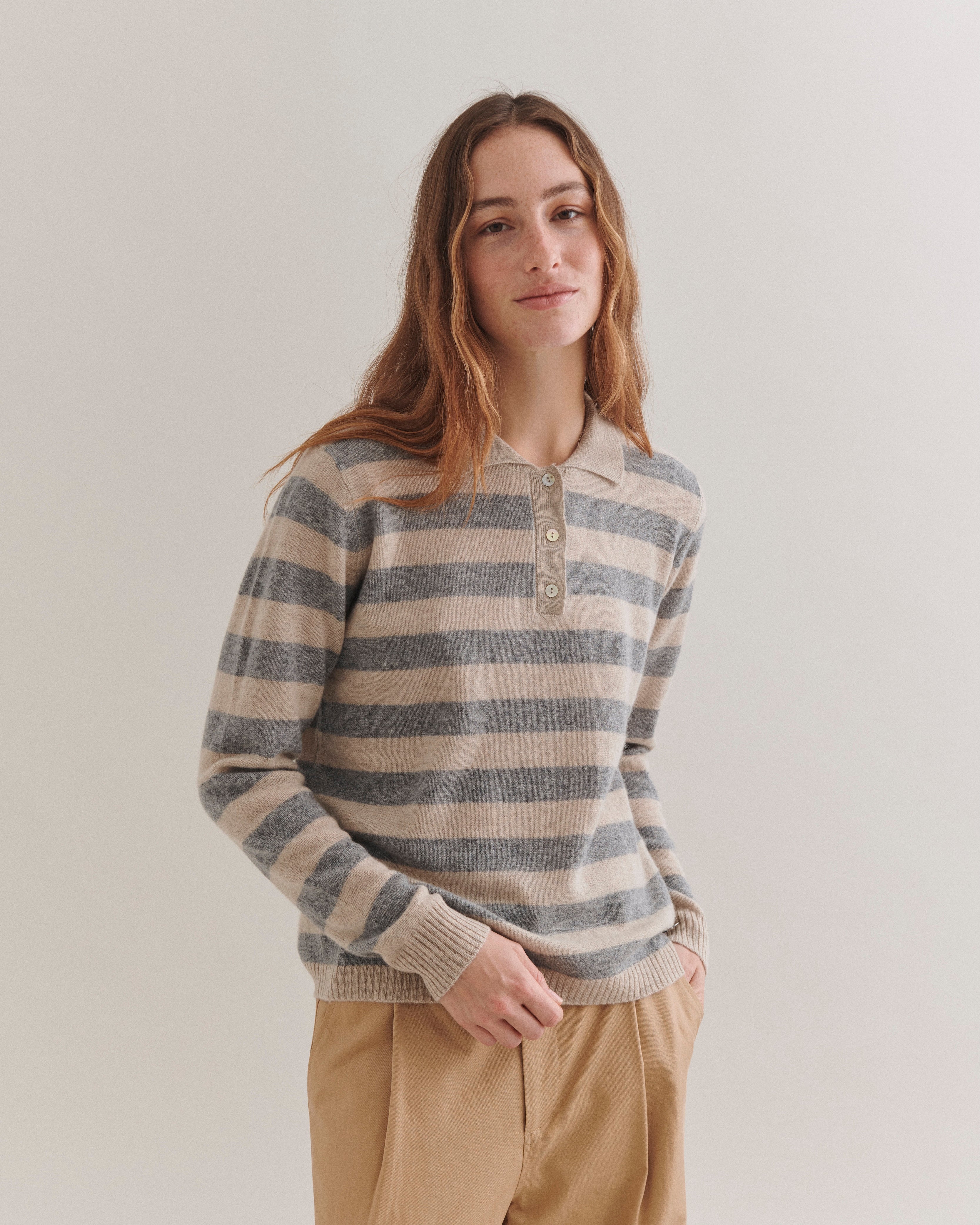 Beta Studios Lizzie Polo Stripes Cashmere Tops Sand Melange/Grey melange