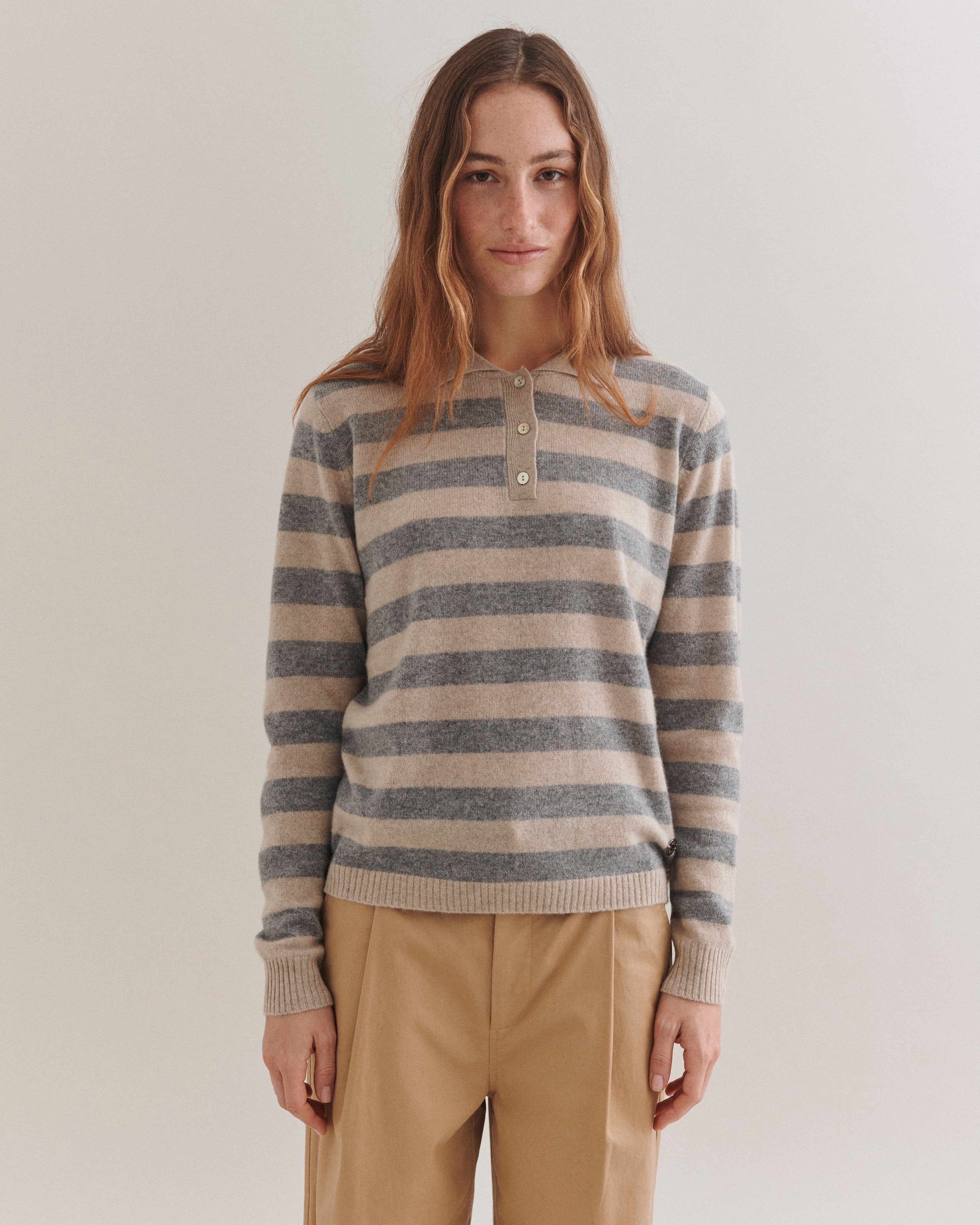 Beta Studios Lizzie Polo Stripes Cashmere Tops Sand Melange/Grey melange
