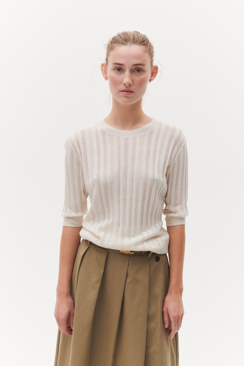 Beta Studios Maggie Pointelle Silk/CashmereTops Egret White