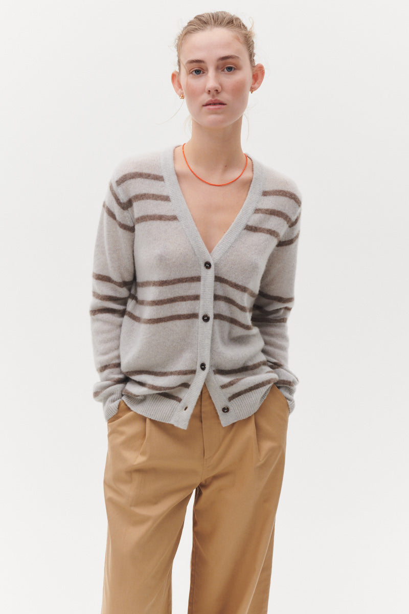 Beta Studios Malou Stripe Cardigan Cashmere/Silk Top Funghi Brown/Antarctica Grey