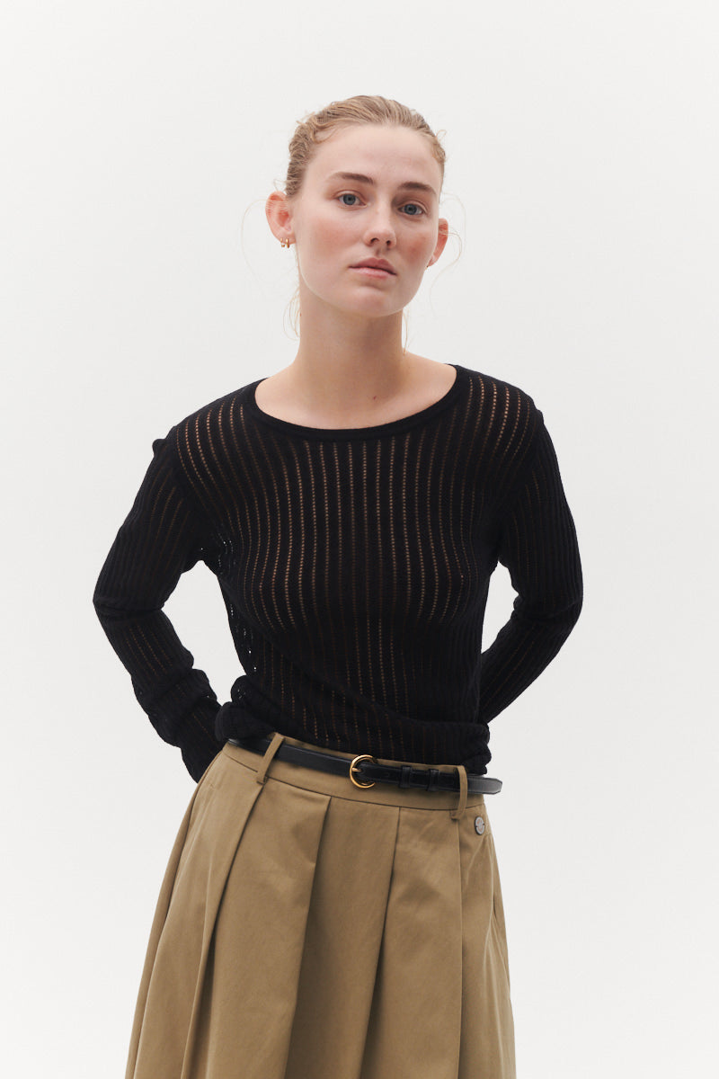 Beta Studios Manon Long Sleeve Pointelle Silk/CashmereTops Black