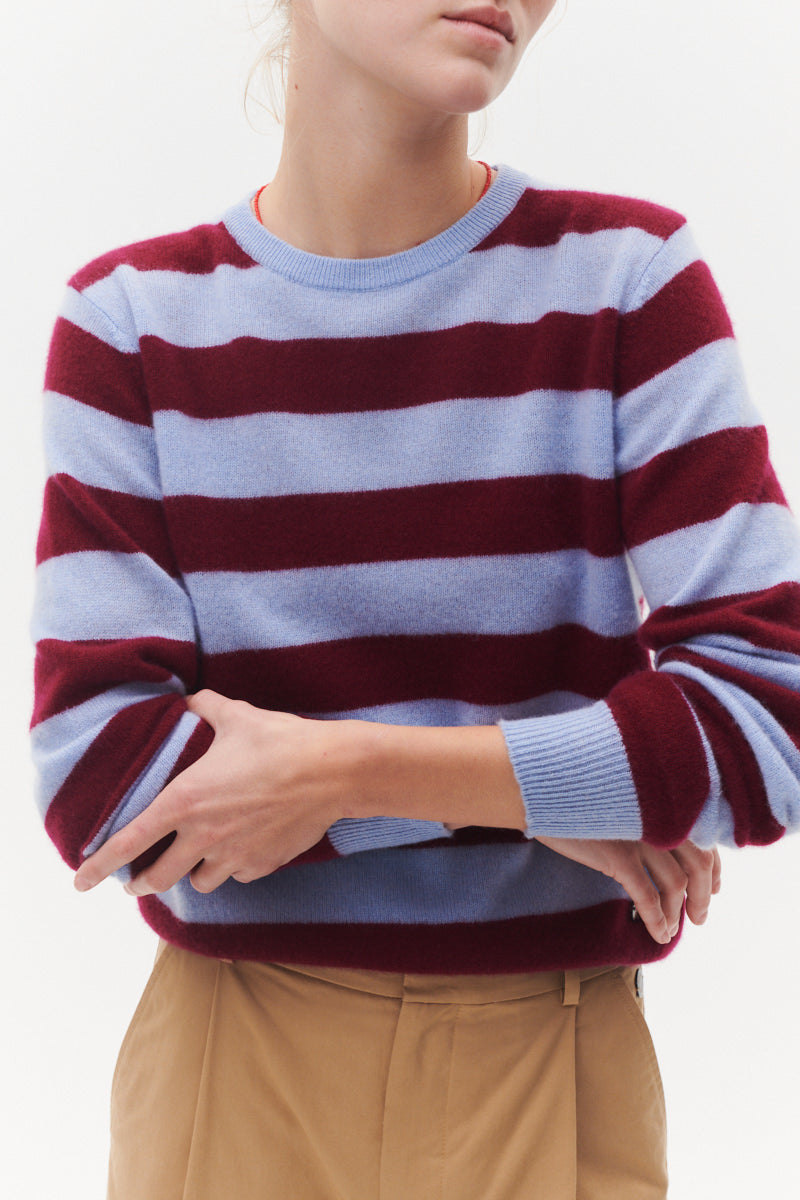 Beta Studios Margot Stripe O-Neck Cashmere Tops Cerulean Blue/Pomegranate