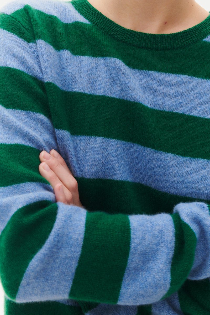 Beta Studios Margot Stripe O-Neck Cashmere Tops Fir Green/Turtle Dove Blue