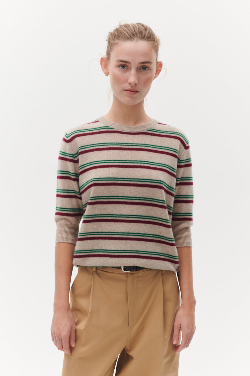 Beta Studios Mini Stripes Lady Sleeve Cashmere Tops Sand Melange/Pomegranate/Fir Green