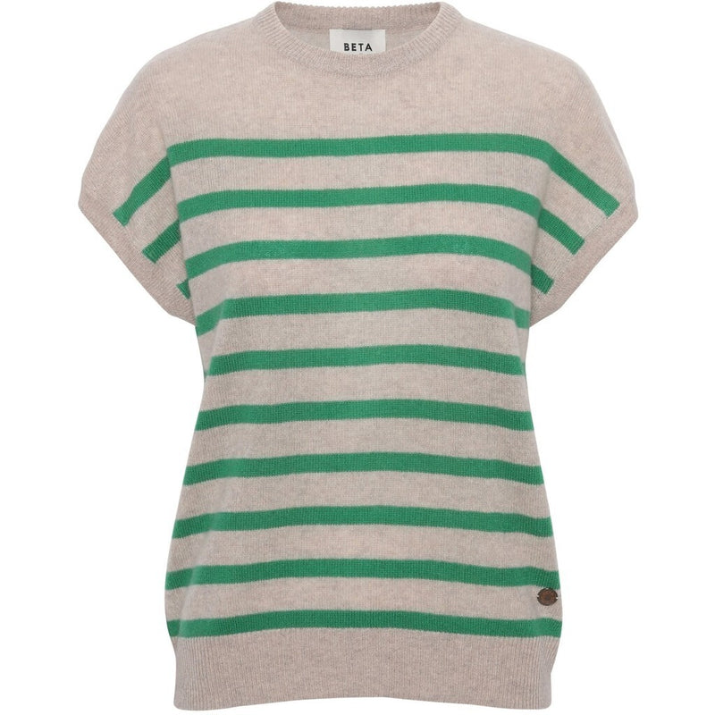 Beta Studios Bette Stripe Cashmere Tee Cashmere Tops Sand Melange/Emerald Green