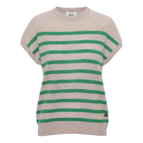 Beta Studios Bette Stripe Cashmere Tee Cashmere Tops Sand Melange/Emerald Green