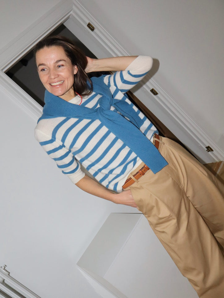 Beta Studios Bianca Striped Lady Sleeve Cashmere Tops Almost White/Denim Blue