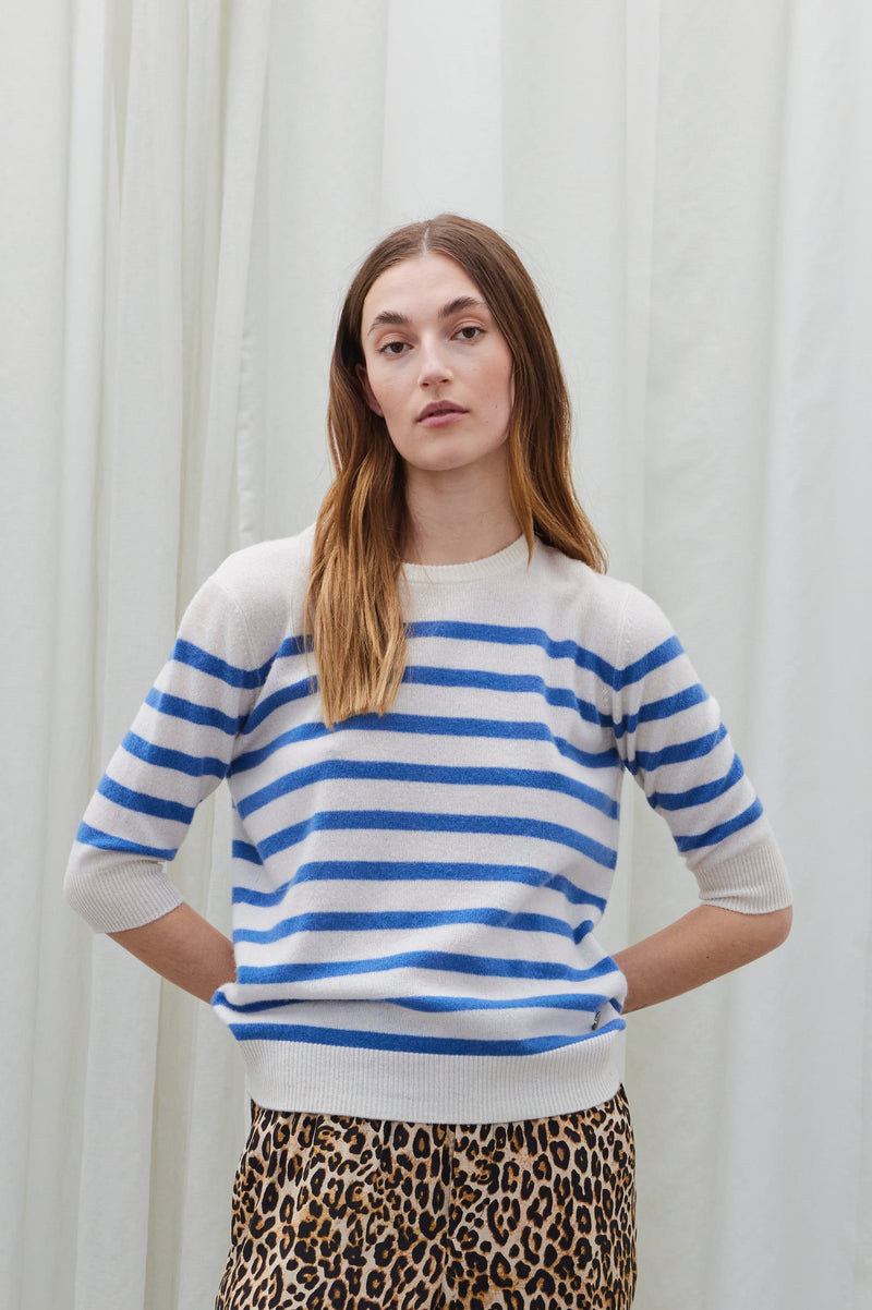 Beta Studios Bianca Striped Lady Sleeve Cashmere Tops Almost White/Denim Blue