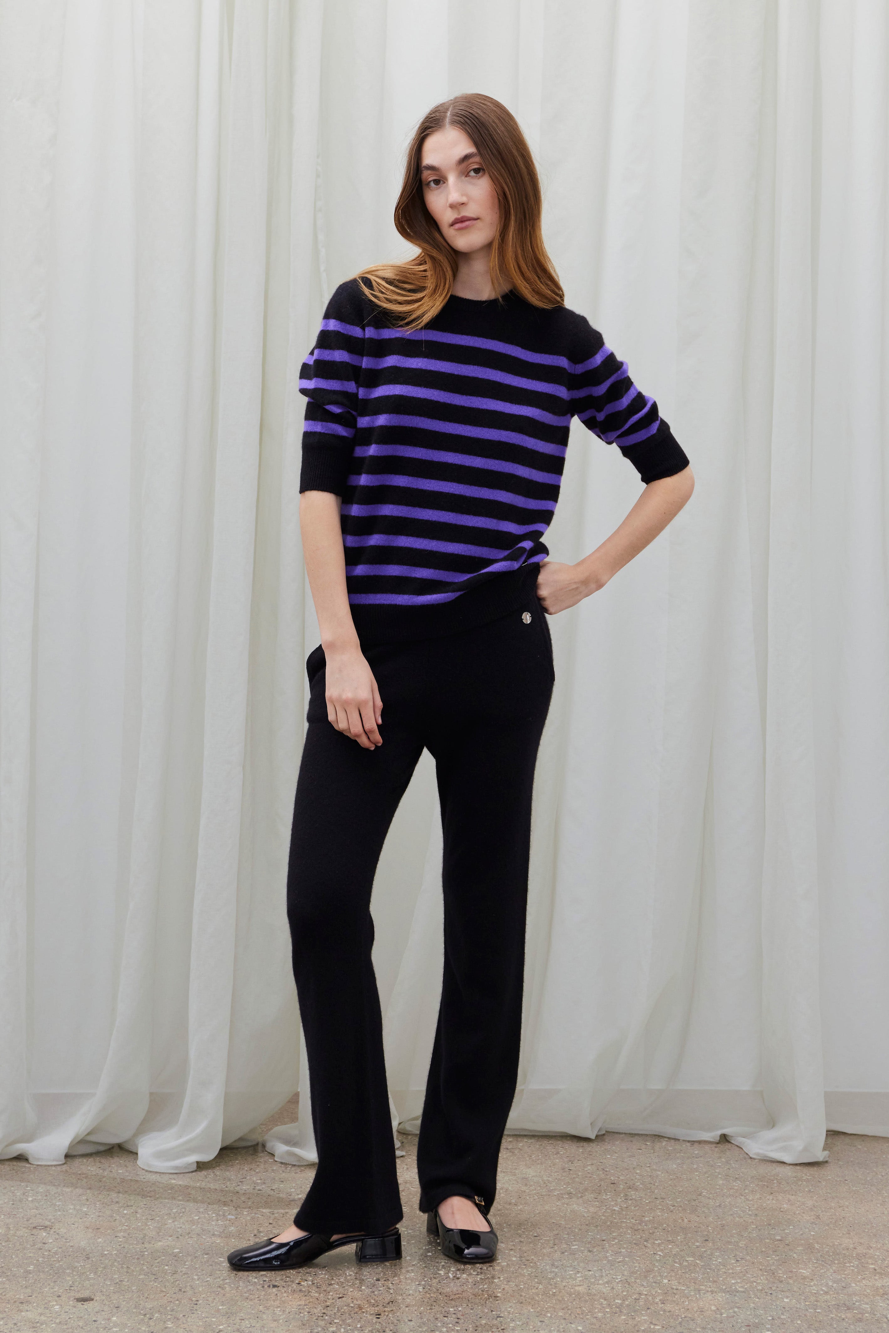 Beta Studios Bianca Striped Lady Sleeve Cashmere Tops Black/Deep Lavender
