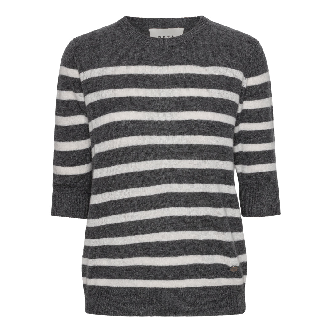 Beta Studios Bianca Striped Lady Sleeve Cashmere Tops Dark Grey Melange/Almost White