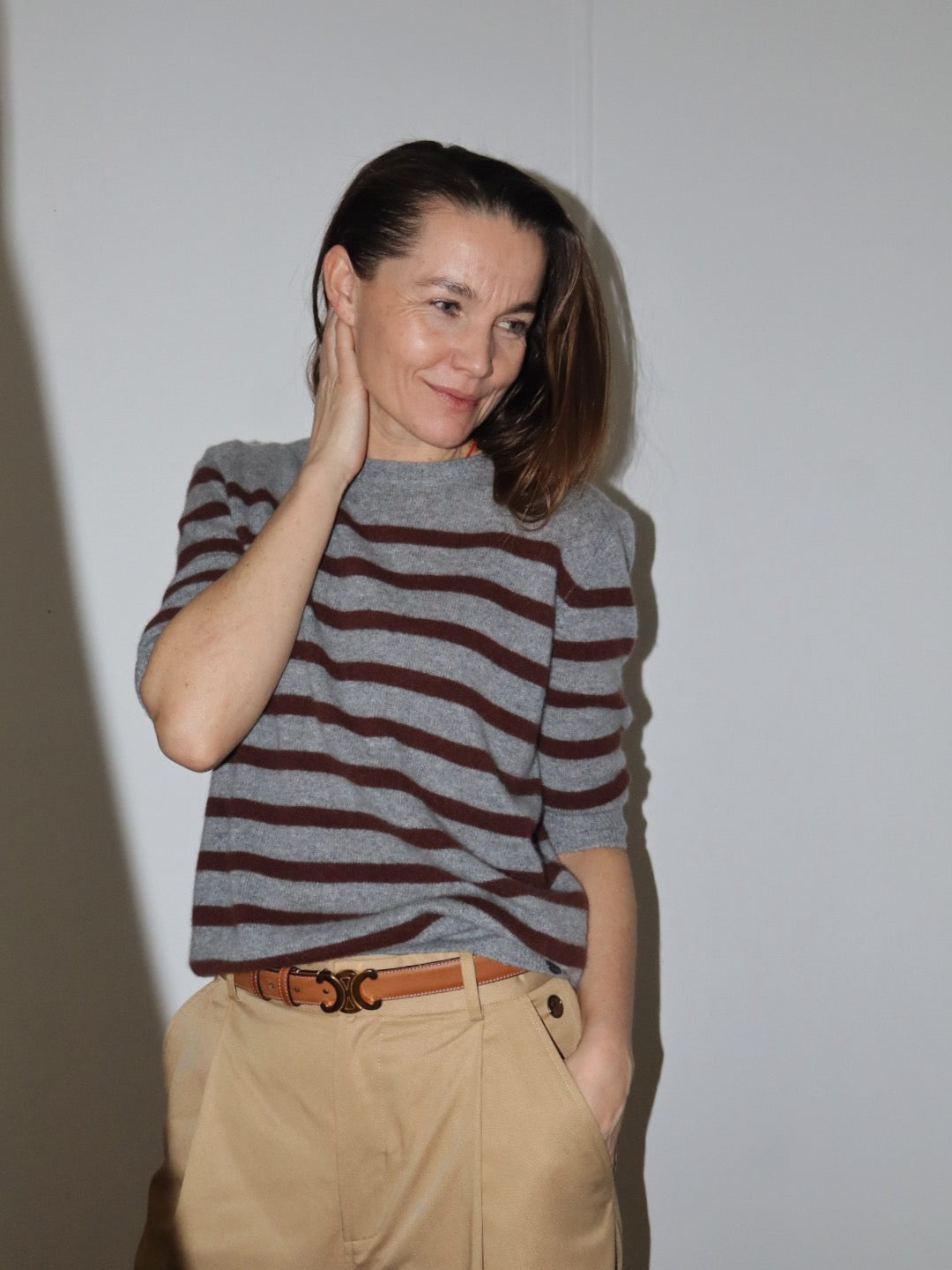 Beta Studios Bianca Striped Lady Sleeve Cashmere Tops Grey Melange/Dark Brown