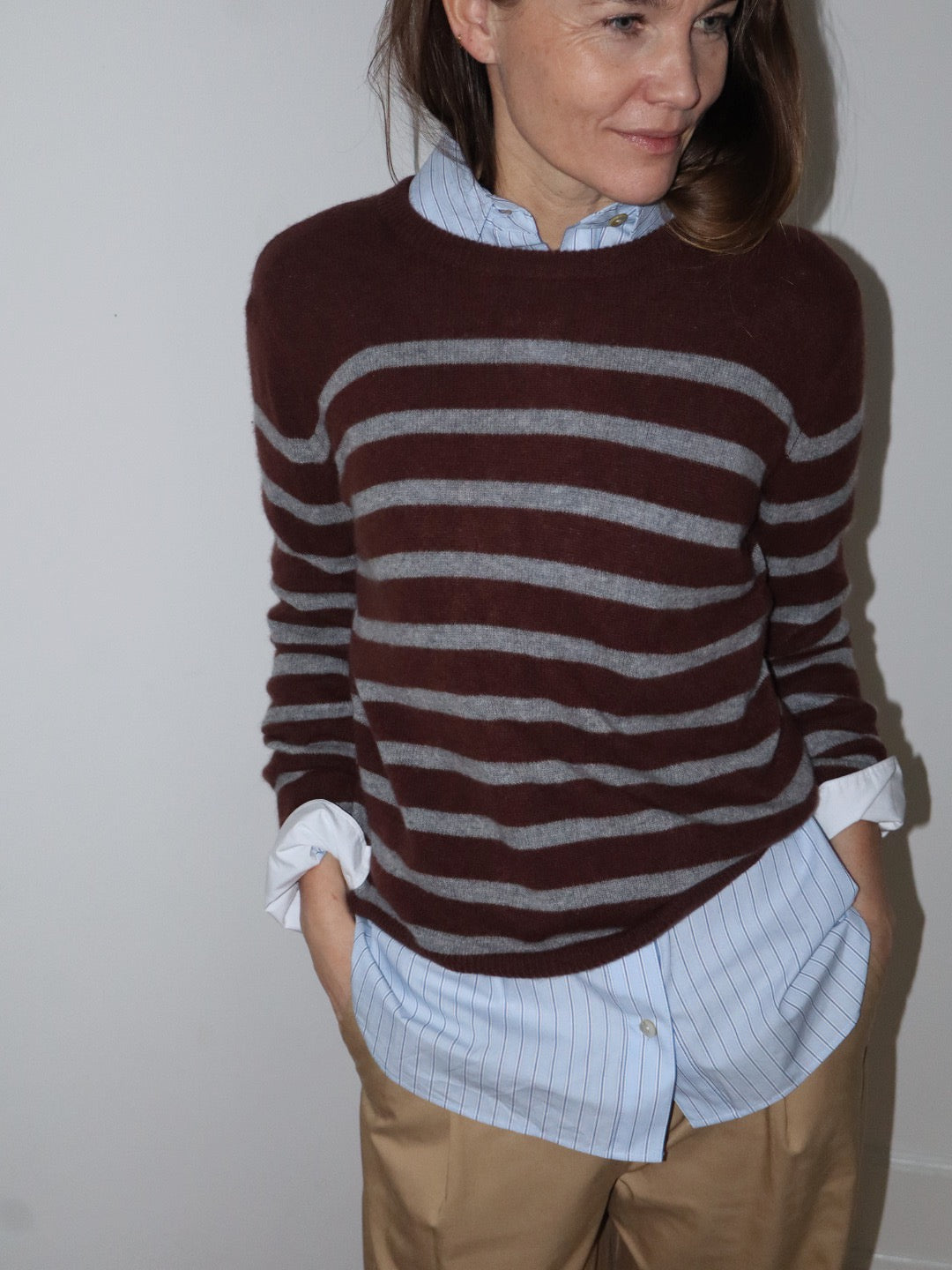 Beta Studios Bibi striped O-neck Cashmere Tops Dark Brown/Grey Melange