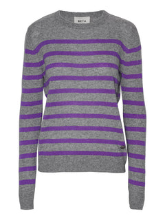 Bibi striped O-neck - Grey Melange/Deep Lavender