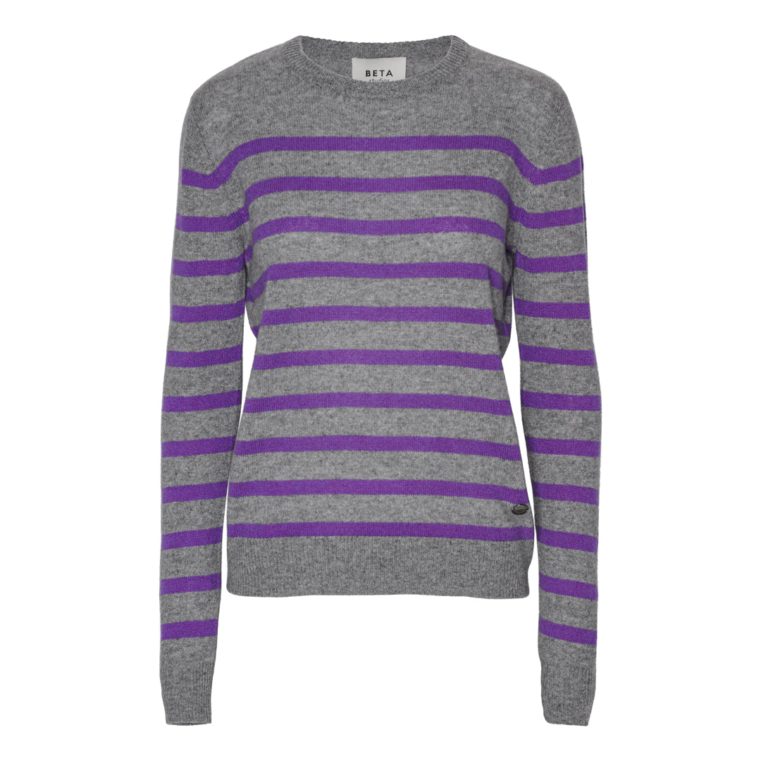 Beta Studios Bibi striped O-neck Cashmere Tops Grey Melange/Deep Lavender