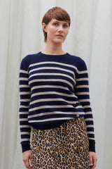 Beta Studios Bibi striped O-neck Cashmere Tops Navy/Sand Melange