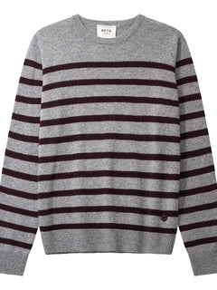 Bibi striped O-neck - Grey Melange/Ripe Fig