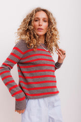 Beta Studios Bibi striped O-neck Cashmere Tops Mole/Red