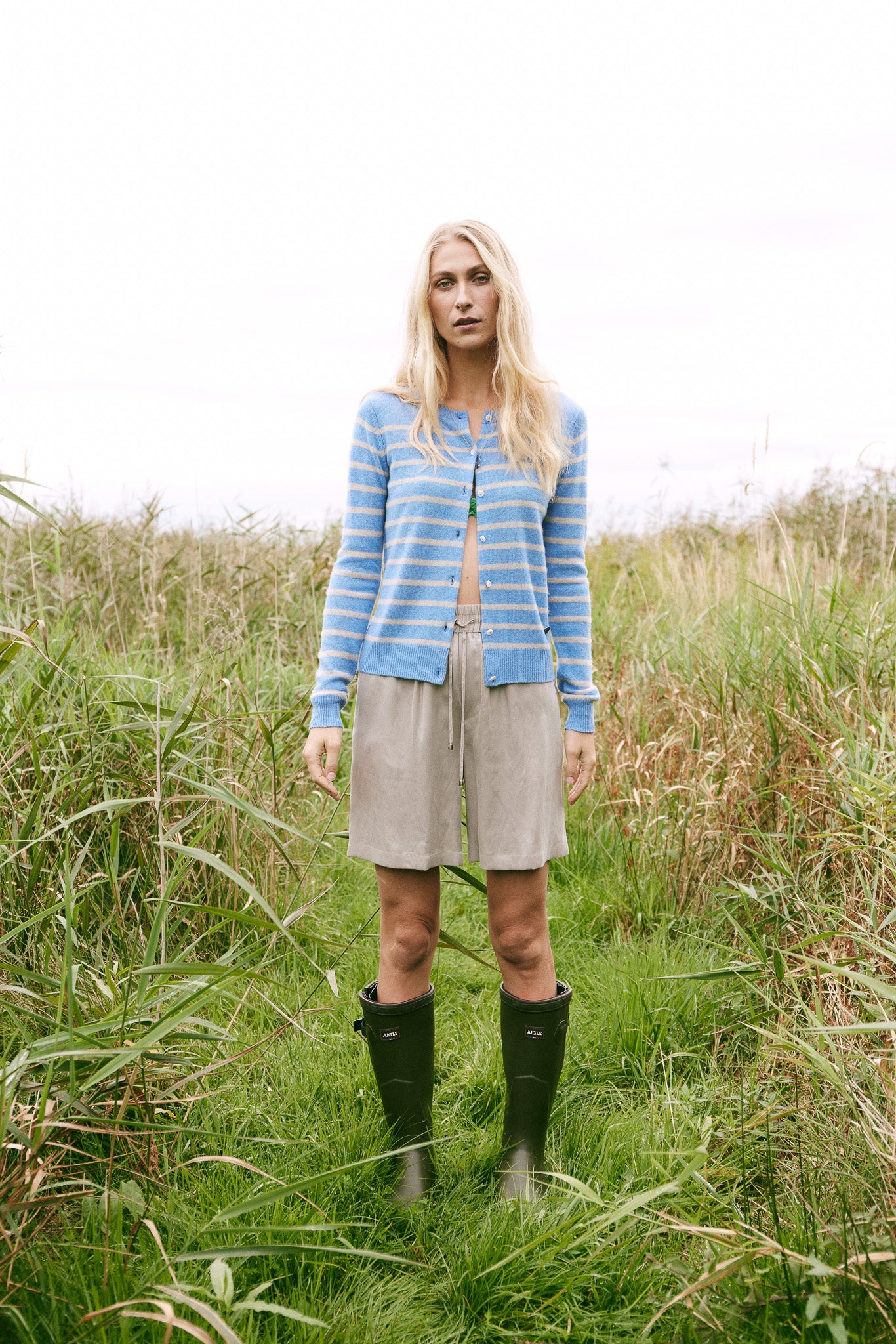 Beta Studios Classic Cardigan Stripe Cashmere Cardigan Sky Blue Melange/Sand Melange