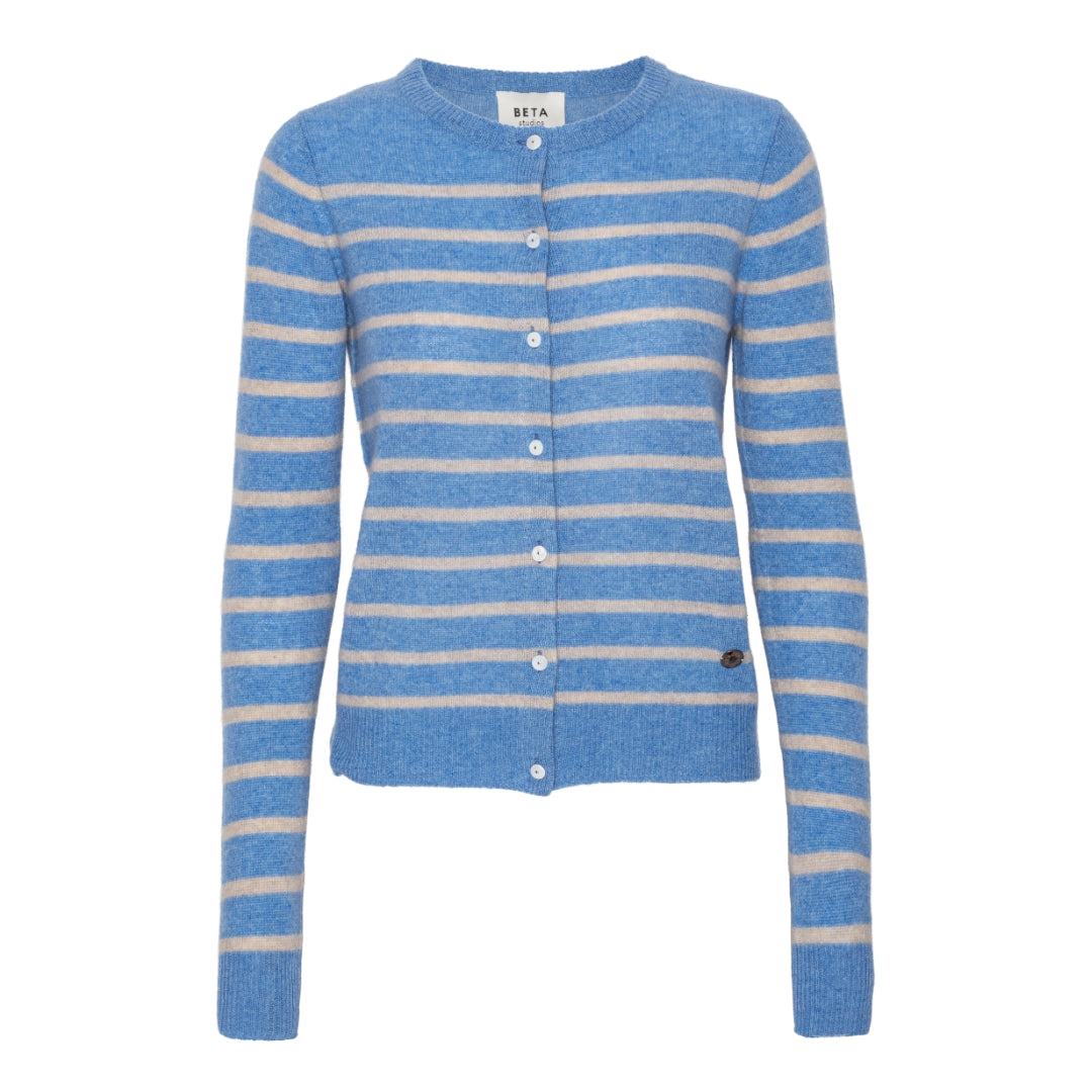 Beta Studios Classic Cardigan Stripe Cashmere Cardigan Sky Blue Melange/Sand Melange