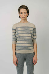Beta Studios Eva Stripe Lady Sleeve Cashmere Tops Sand Melange/Grey melange