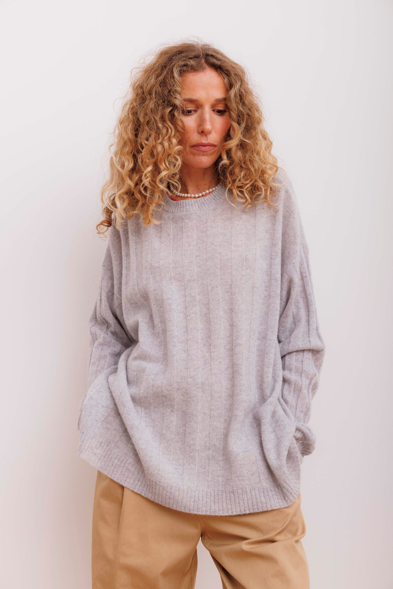 Beta Studios Karen Oversized O-Neck Cashmere Tops Light Grey Melange