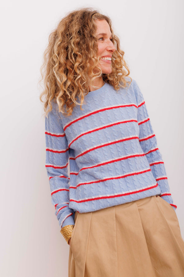 Beta Studios Kenya Stripe O-Neck Cashmere Tops Powder Blue/Almost White/Red