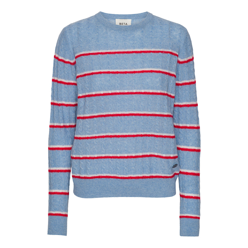 Beta Studios Kenya Stripe O-Neck Cashmere Tops Powder Blue/Almost White/Red