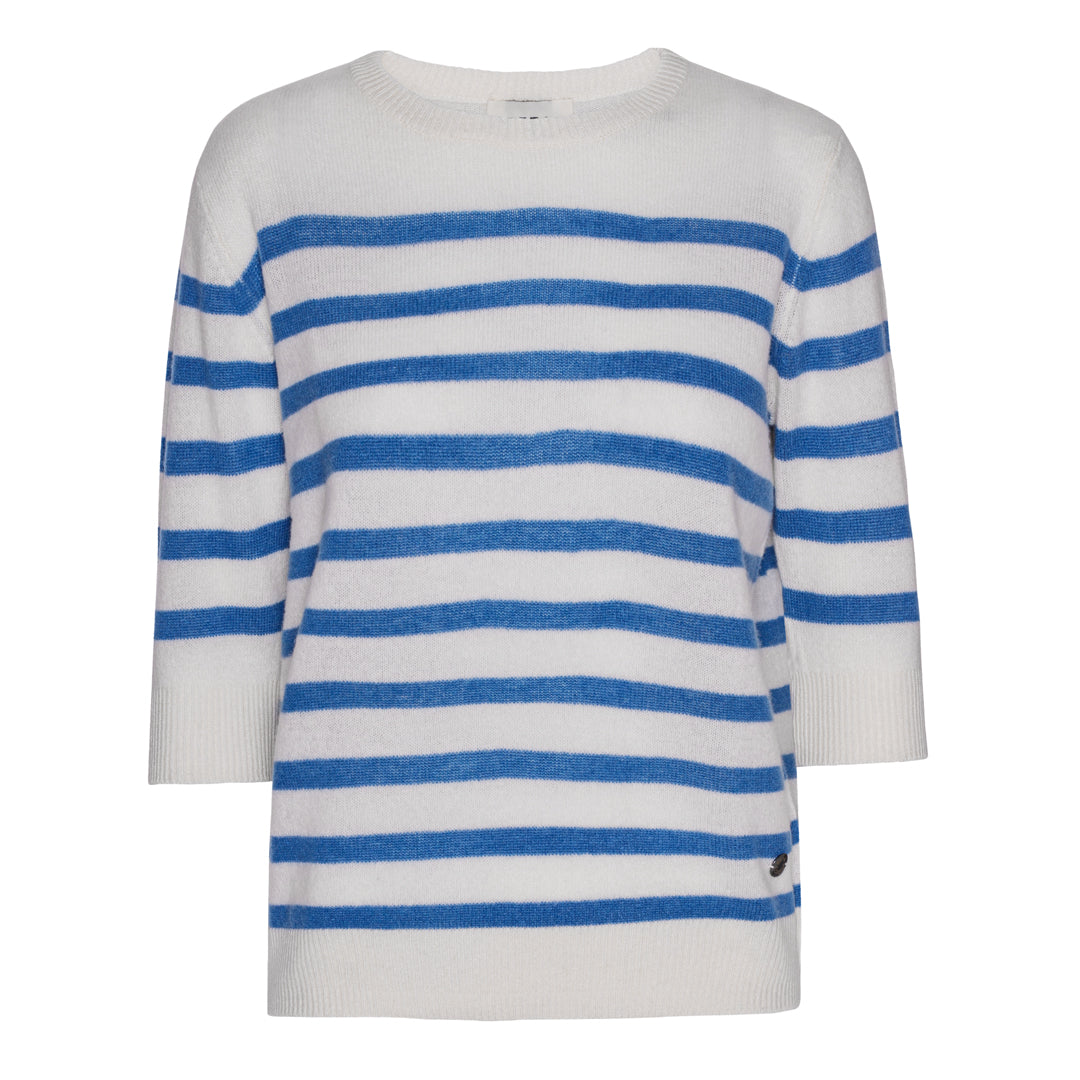 Beta Studios Bianca Striped Lady Sleeve Cashmere Tops Almost White/Denim Blue