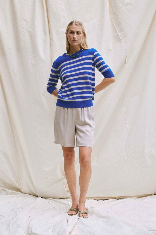 Beta Studios Lady Sleeve Striped Cashmere Cashmere Tops Azure Blue/Sand Melange