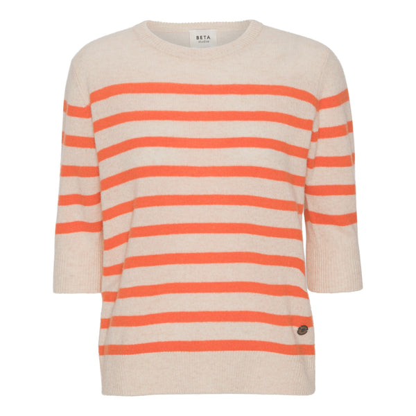 Beta Studios Lady Sleeve Striped Cashmere Cashmere Tops Oatmilk/Poppy Orange