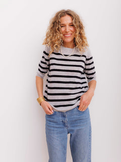 Bianca Striped Lady Sleeve - Light Grey Melange/Black