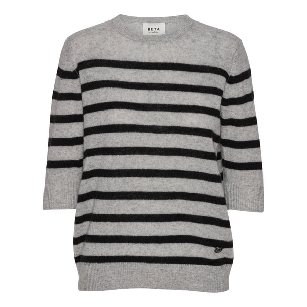 Beta Studios Lady Sleeve Striped Cashmere Cashmere Tops Light Grey Melange/Black