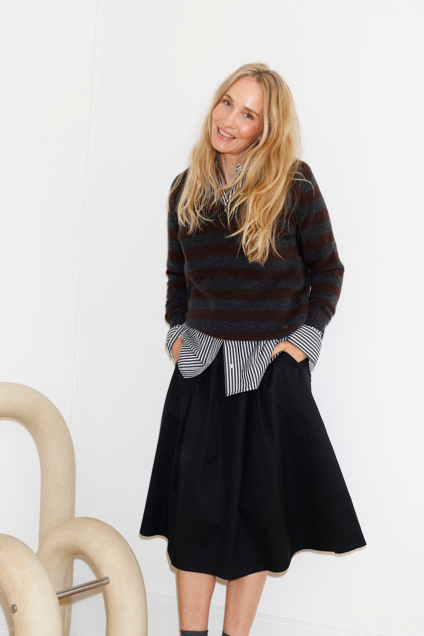 Beta Studios Lizzie Polo Stripes Cashmere Tops Anthracite Grey/Coffee Brown