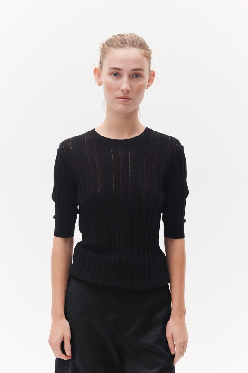 Beta Studios Maggie Pointelle Silk/CashmereTops Black