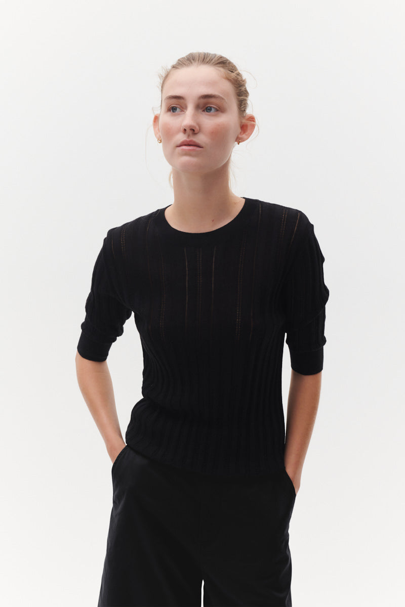 Beta Studios Maggie Pointelle Silk/CashmereTops Black