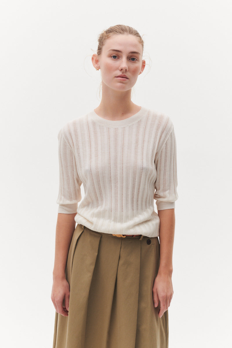 Beta Studios Maggie Pointelle Silk/CashmereTops Egret White