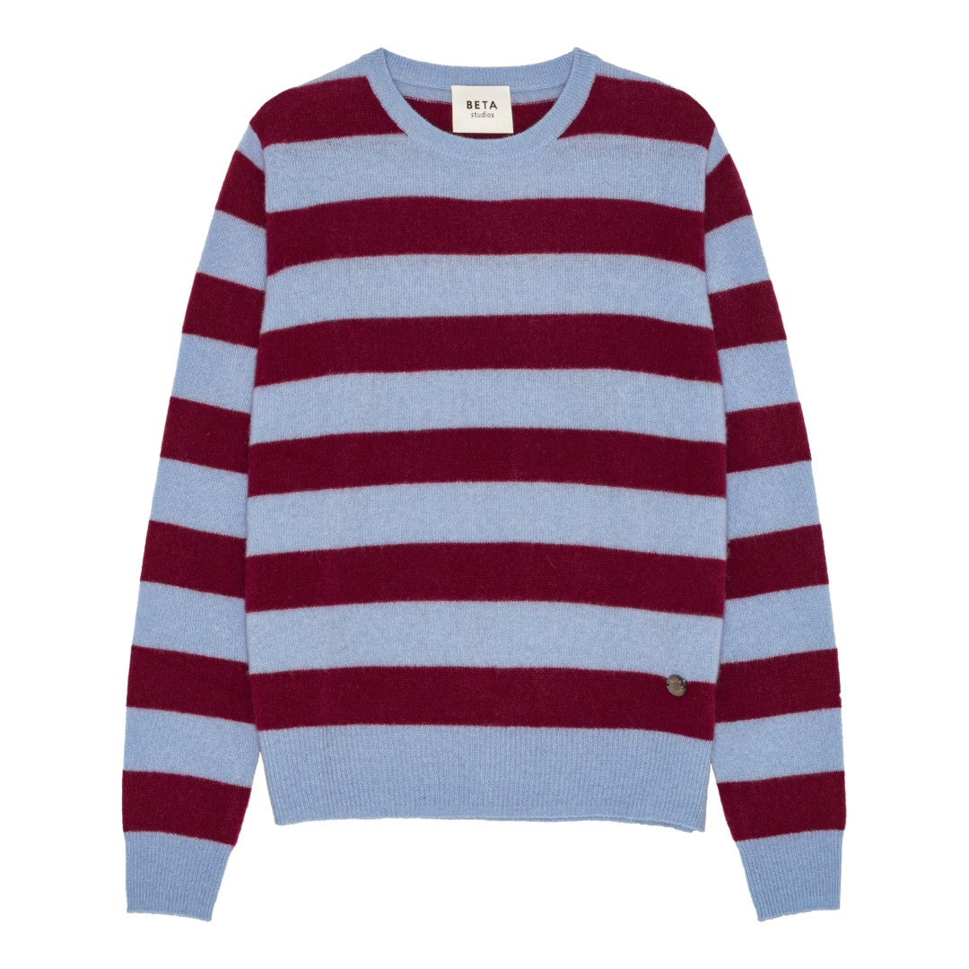 Beta Studios Margot Stripe O-Neck Cashmere Tops Cerulean Blue/Pomegranate