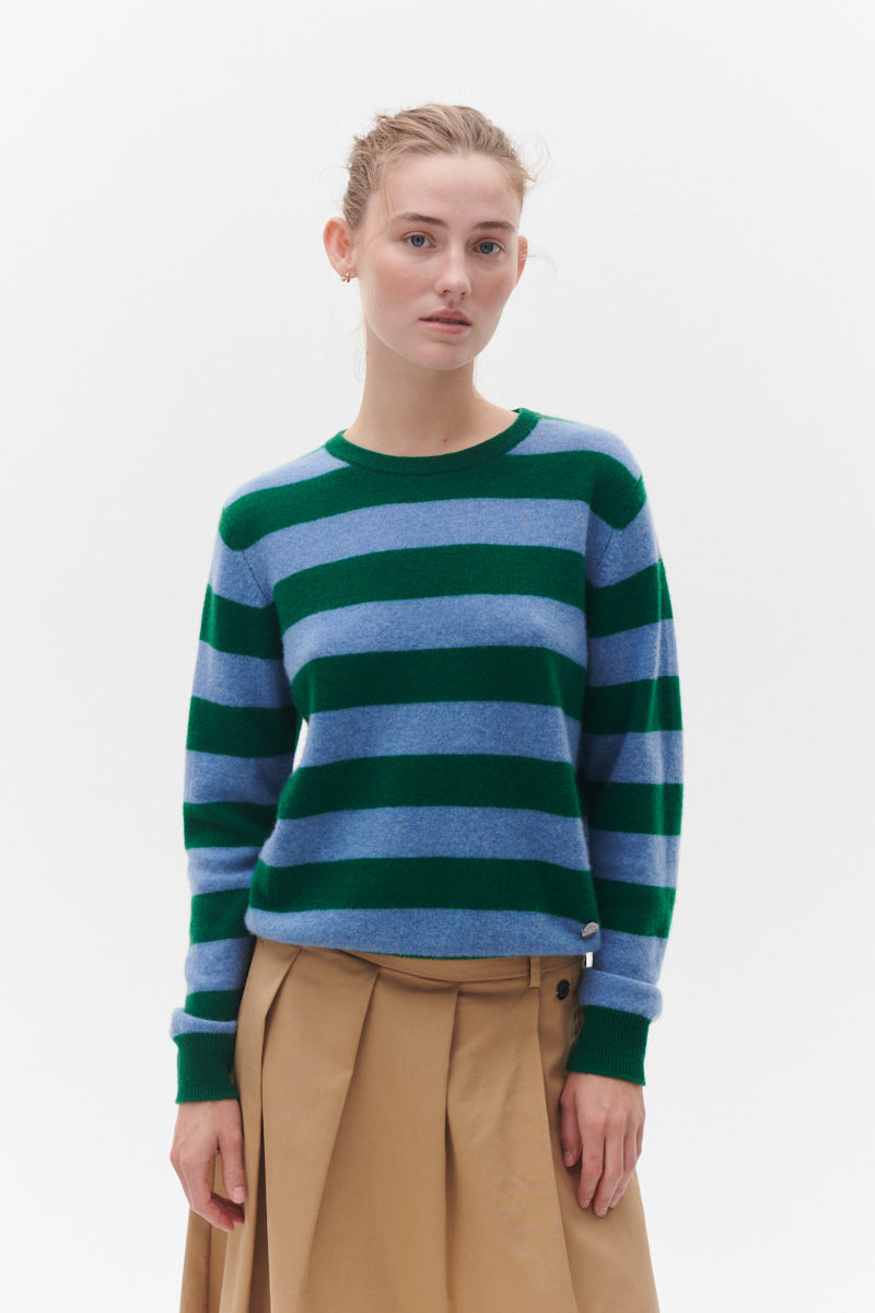 Beta Studios Margot Stripe O-Neck Cashmere Tops Fir Green/Turtle Dove Blue